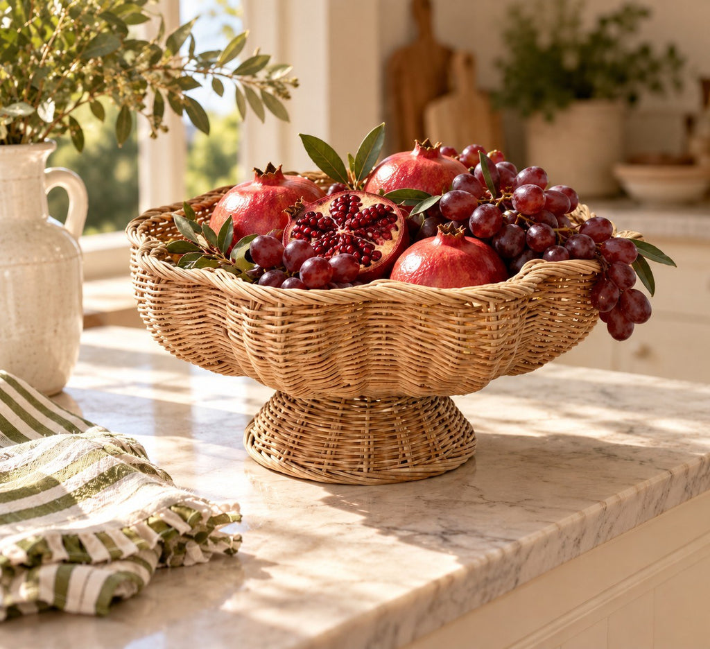 Frutero de ratán Peralta con granadas y uvas en la cocina