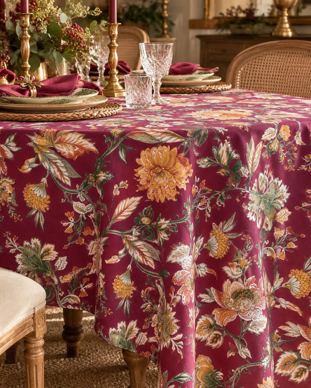 Mantel Botánico de estampado floral sobre fondo granate en una mesa puesta