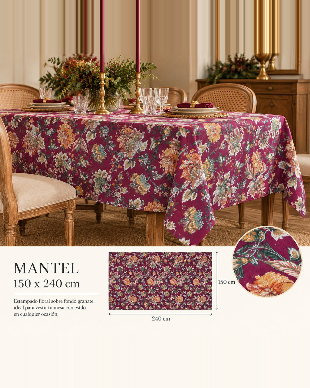 Mantel Botánico de 150 × 240 cm, medidas y detalle del estampado floral