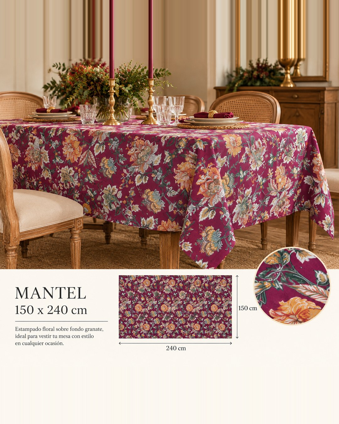 Mantel Botánico de 150 × 240 cm, medidas y detalle del estampado floral