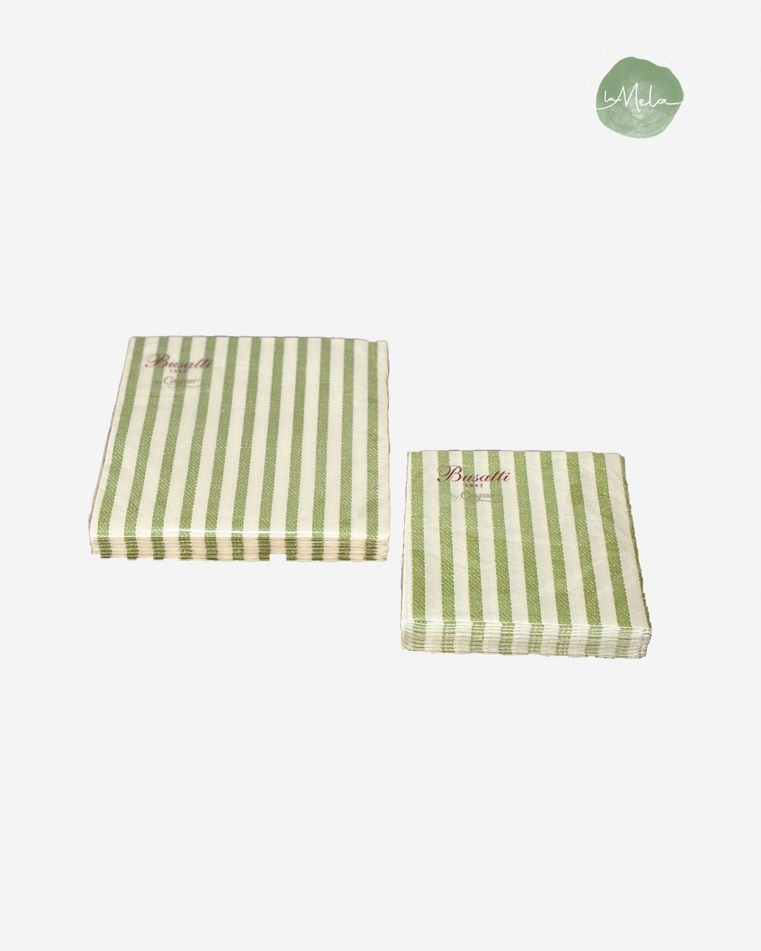 Servilletas de papel de rayas verdes La Mela, formatos lunch y cocktail, foto de estudio