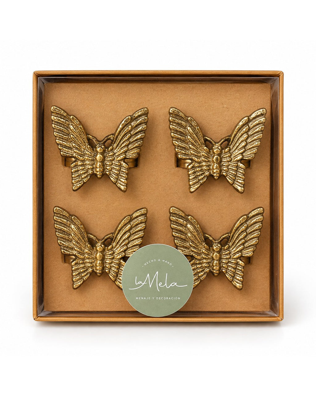 Pack de cuatro servilleteros Mariposa dorados en su caja de La Mela